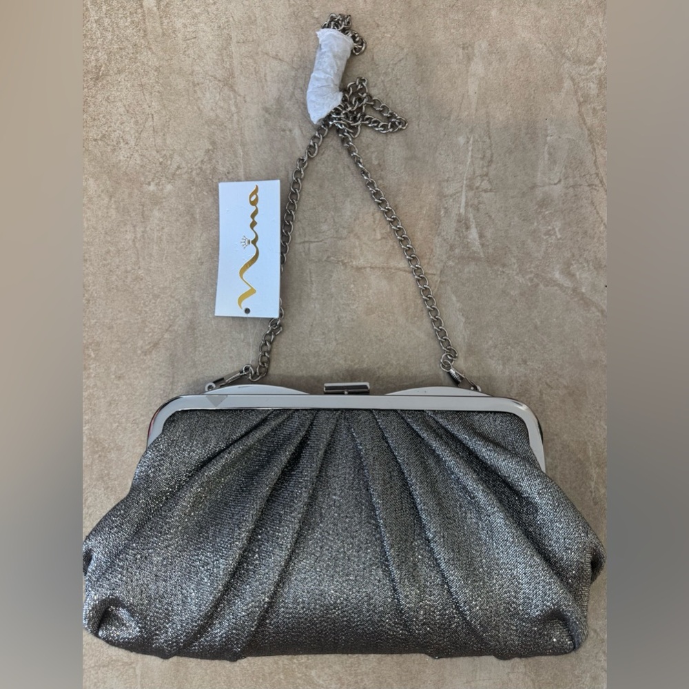 Nina Silver Metallic Pleated Clutch with Chain Strap
